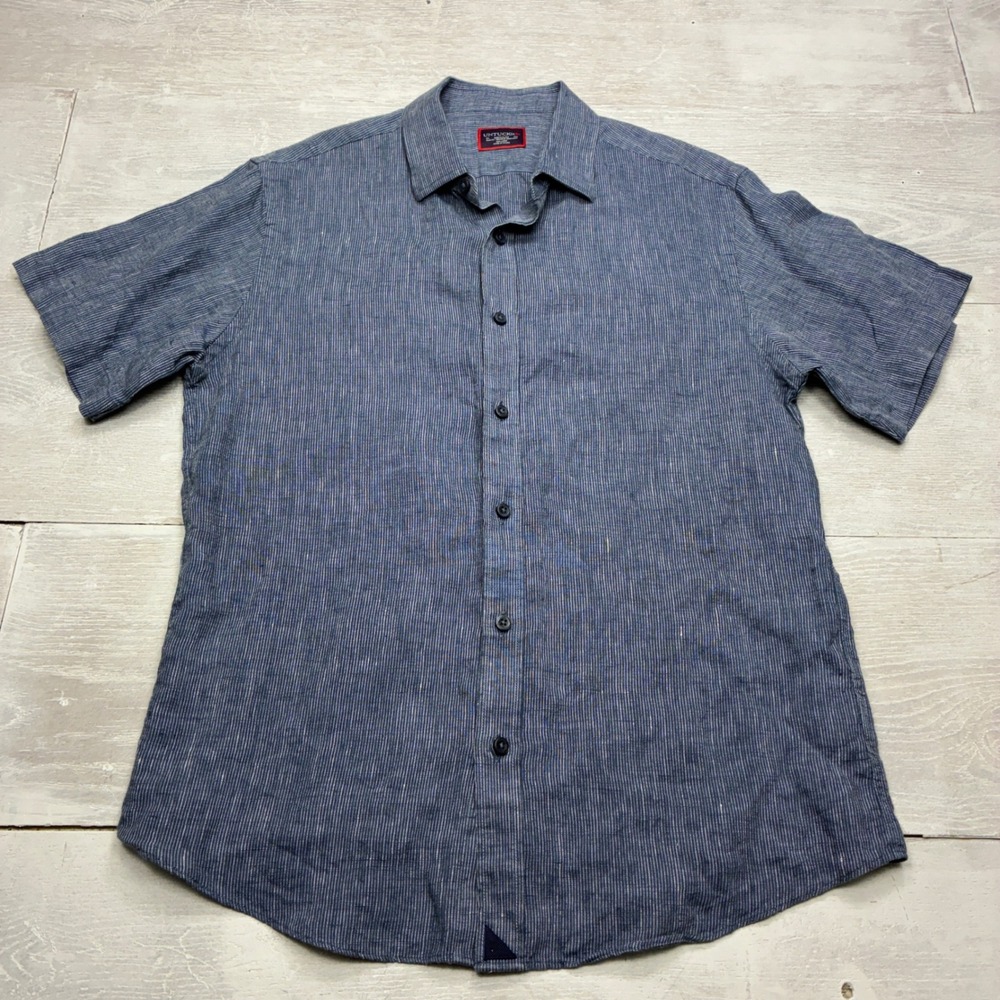 UNTUCKit Canon Shirt Mens Medium Blue Pinstripe 100% Linen Slim Fit Short Sleeve